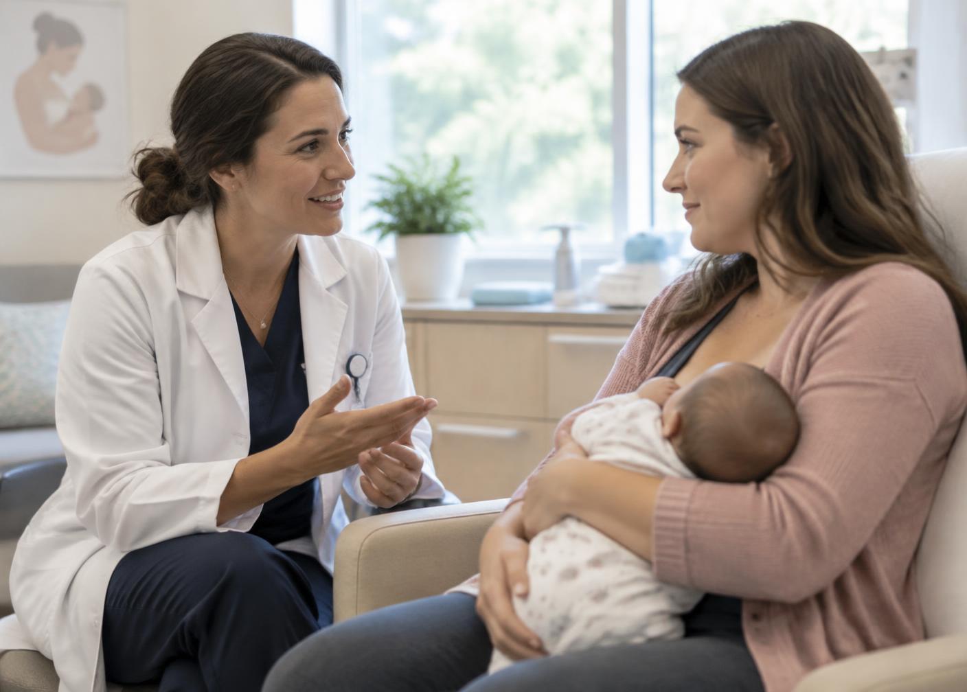 A lactation consultant counseling a new mother in a clinic